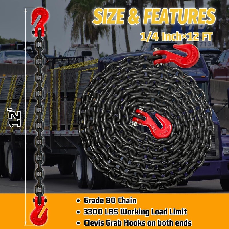 SENKEYFE Tow Chain, 12 FT 1/4" Chain, G80 Trailer Safety Chain with G70 Hooks, Wll 3300 LBS Heavy Duty Chain for Trailer Truck Tie Down Binding Equipment(Oiled Black) - Image 2